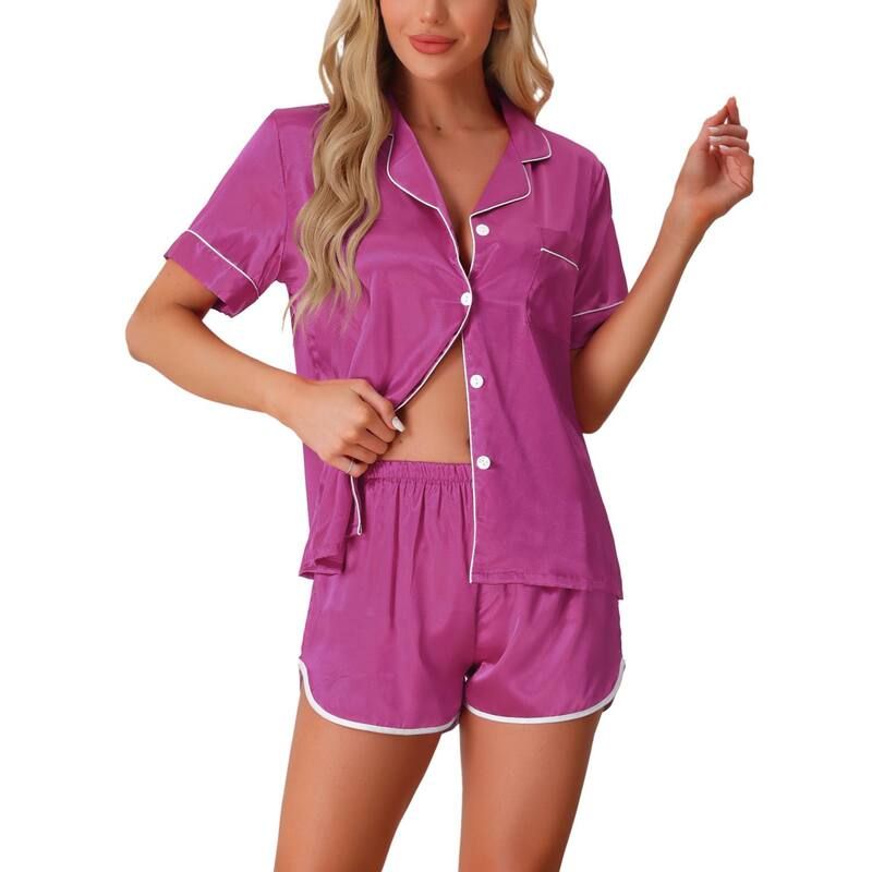 cheibear レディース アンダーウェア ナイトウェア ボタンダウン ショートパンツ サテン シルク ダウン cheibear Womensatin Silky 2 Piece Pjshort Sleeve Sleepwear Button Down Lo