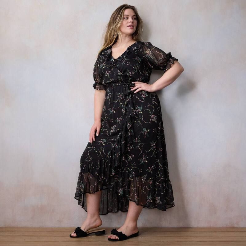 LC Lauren Conrad レディース トップス ワンピース プラスサイズ フリル マキシ Plusize LC Lauren Conrad Ruffled Wrap Maxi Dress Blue Florabelles ブルー
