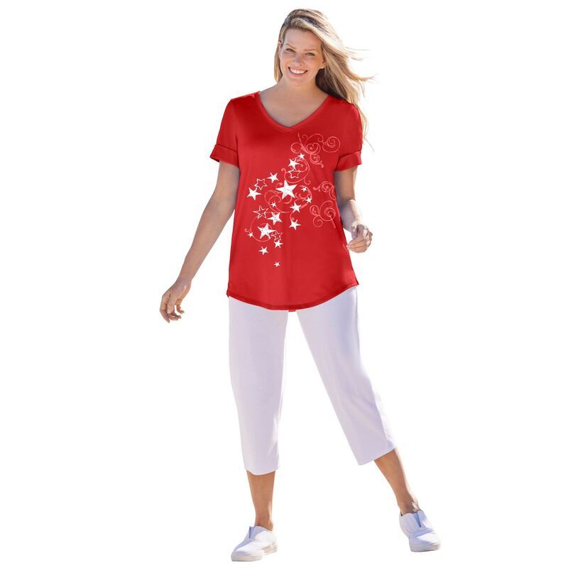 ウーマン ウィズイン レディース トップス Tシャツ Vネック プラスサイズ キャップ Woman Within Womens Plusize Twopiece Vneck Tunic Capri Set Vivid Red Stars レッド