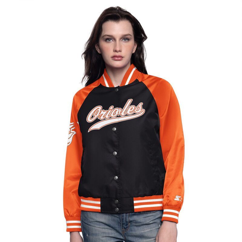 スターター レディース アウター ジャケット・ブルゾン Womenstarter BlackOrange Baltimore Orioles Home Run FullSnap Varsity Jacket Orl Black ブラック