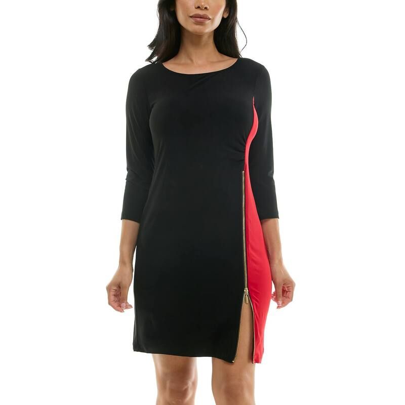 ニナレオナルド レディース トップス ワンピース ミニ カラーブロック Womens Nina Leonard Colorblock FauxWrap Mini Dress Black Red ブラック