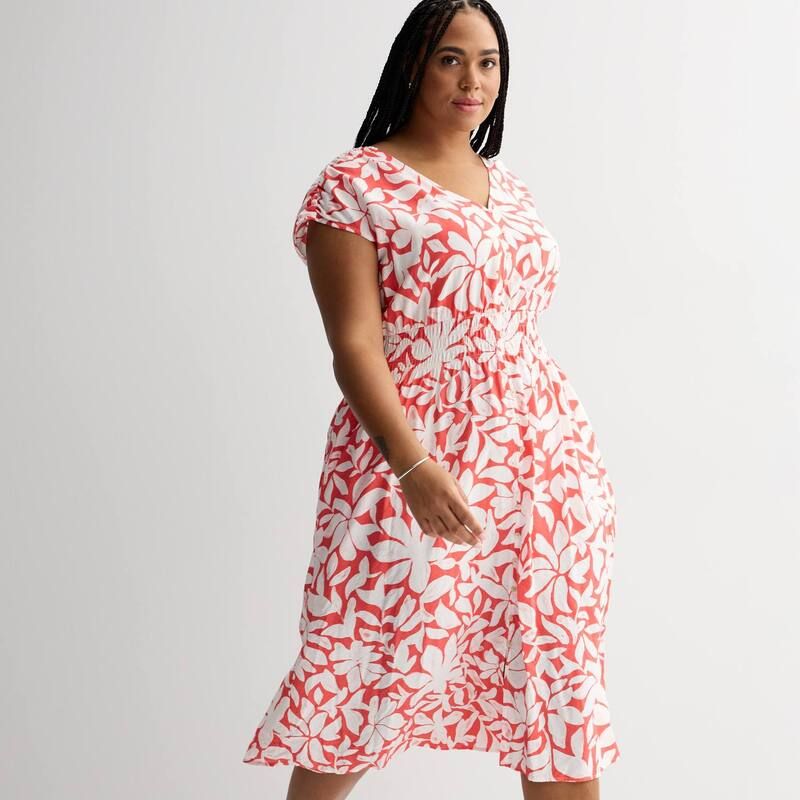 ソノマ レディース トップス ワンピース プラスサイズ ミディ シャーリング Plusize Sonoma Goods For Life Smocked ButtonThrough Midi Dress Coral Painted Floral コーラル