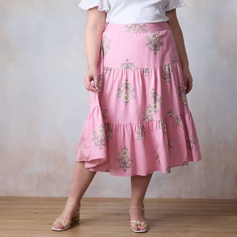 LC Lauren Conrad レディース ボトムスカート プラスサイズ ミディ Plusize LC Lauren Conrad Three Tier Midi Skirt Pink Lexi Wallpaper ピンク 9,105円
