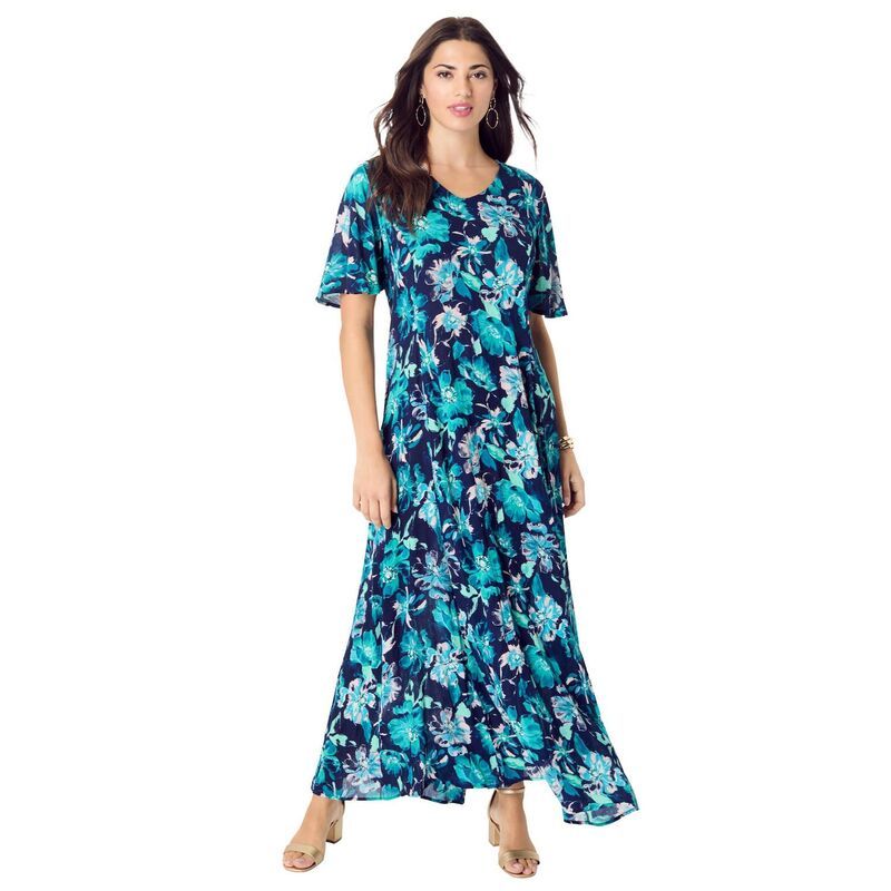 ロアマンズ レディース トップス ワンピース プラスサイズ プチ Roamans Womens Plusize Petite Flutter Sleeve Crinkle Dress Navy Painted Floral ネイビー