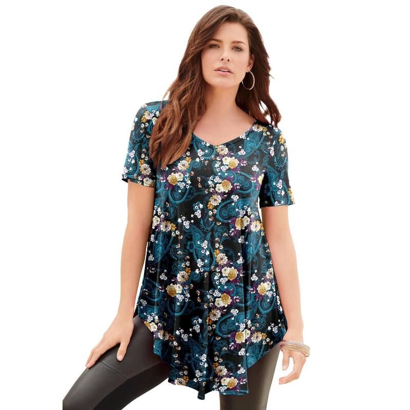 ロアマンズ レディース トップス Tシャツ Vネック ドレープラスサイズ Roamans Womens Plusize V Neck Swing Ultra Drape Tunic Lagoon Flower Paisley
