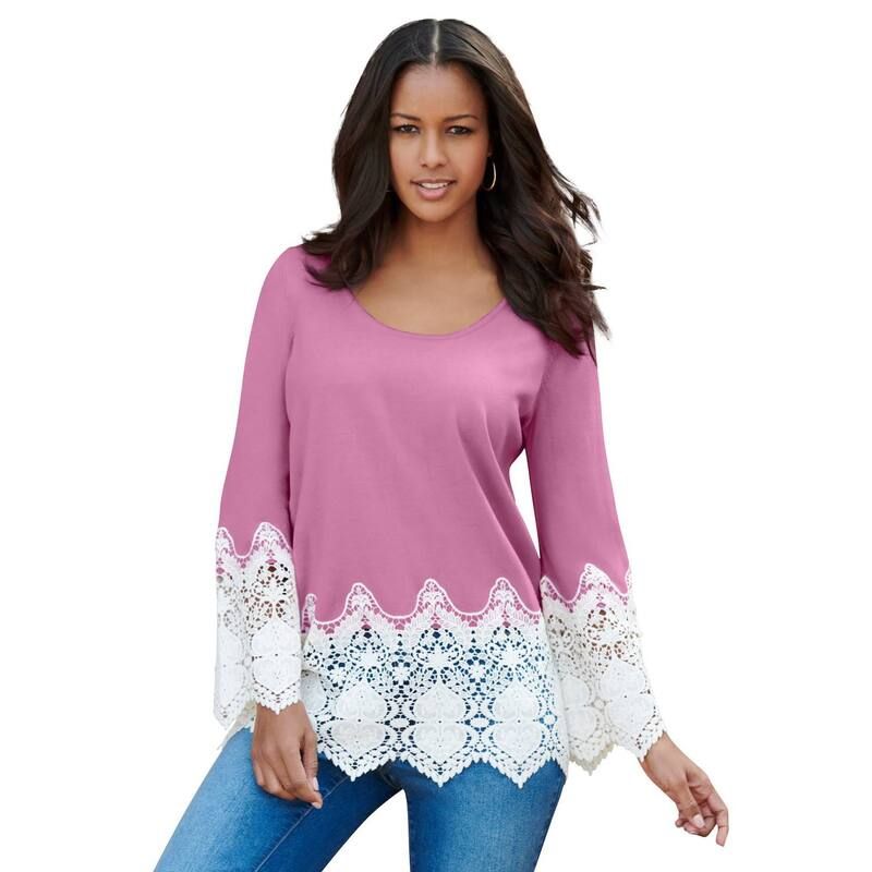 ロアマンズ レディース アウター ニット・セーター プラスサイズ レース Roamans Womens Plusize Fine Gauge Lace Pullover Sweater Mauve Orchid