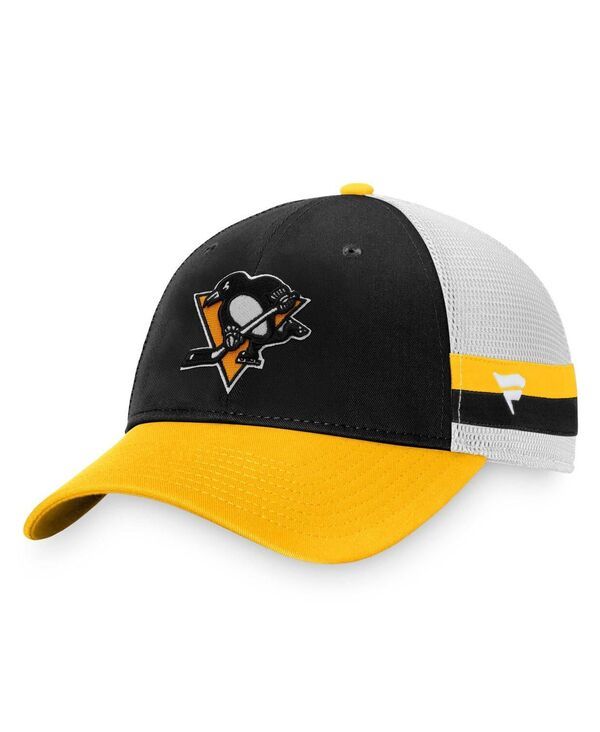 【送料無料】 ファナティクス メンズ 帽子 アクセサリー Mens Black Gold Pittsburgh Penguins Breakaway Striped Trucker Snapback Hat Black Gold