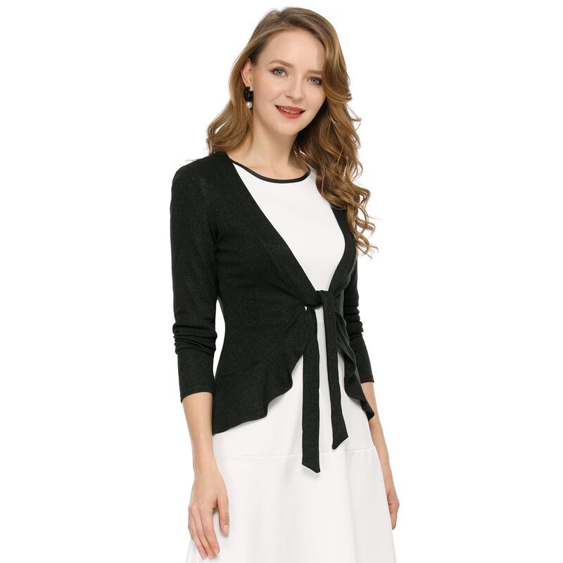 アレグラ ケー レディース アウター ニット・セーター フリル トール カーディガン ALLEGRA K Womens Tie Open Front Long Sleeve Knit Metallic Ruffled Crop Cardigan Black ブ