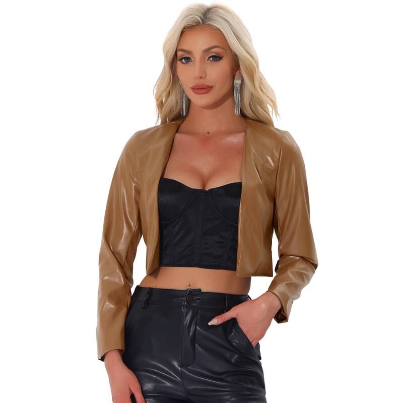 アレグラ ケー レディース アウター ジャケット・ブルゾン クロップド レザー フェイクレザー ALLEGRA K Womens Faux Leather Pu Long Sleeve Open Front Cropped Jacket Brown ブラウン