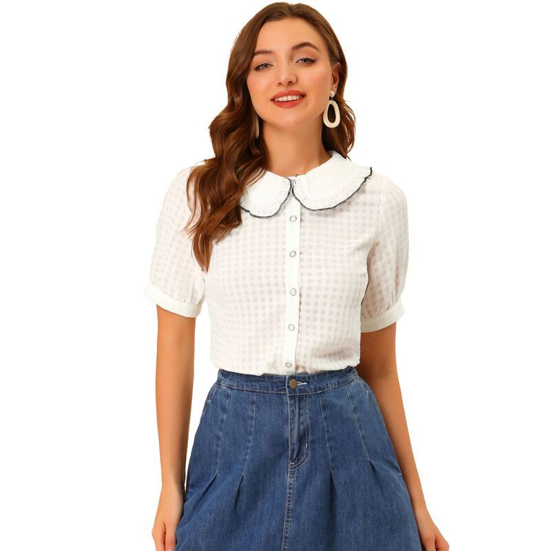 アレグラ ケー レディース トップス シャツ ギンガムチェック コントラスト ブラウス ギンガム ALLEGRA K Womens Peter Pan Collar Contrast Color Trim Gingham Button Up Blouse Sh