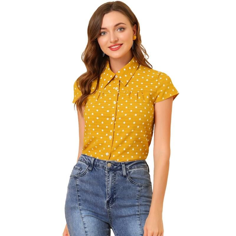 アレグラ ケー レディース トップス シャツ ヴィンテージ ドット ALLEGRA K Womenshort Sleeve Tops Vintage Polka Dots Button Up Shirt Yellow イエロー
