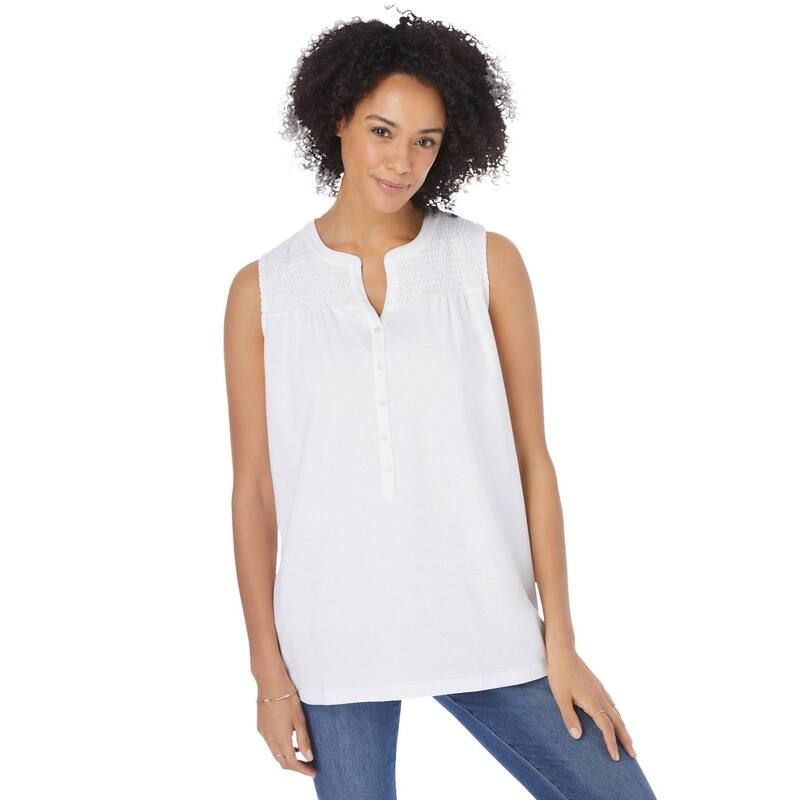 ウーマン ウィズイン レディース トップス Tシャツ プラスサイズ シャーリング Woman Within Plusize Smocked Henley Tank Top White ホワイト