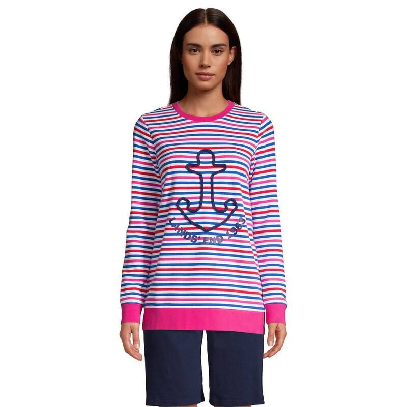 ランズエンド レディース アウター パーカー・スウェット クルーネック シャツ Womens Lands End Seriousweats Crewneck Sweatshirtunic Stripe Anchor ストライプ