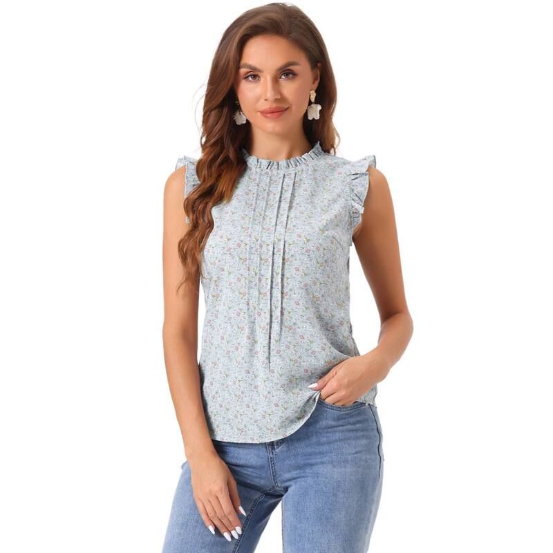 アレグラ ケー レディース トップス シャツ クルーネック プリーツ フリル ノースリーブラウス ALLEGRA K Womens Ruffled Crew Neck Sleeveless Pleated Blouse Tops Light Blue Flor
