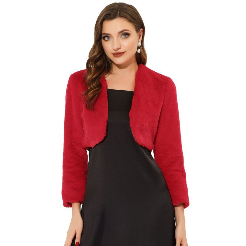 アレグラ ケー レディース アウター ジャケット・ブルゾン コート クロップド ALLEGRA K Womens Collarless Long Sleeve Open Front Faux Fur Shrug Cropped Coat Red レッド