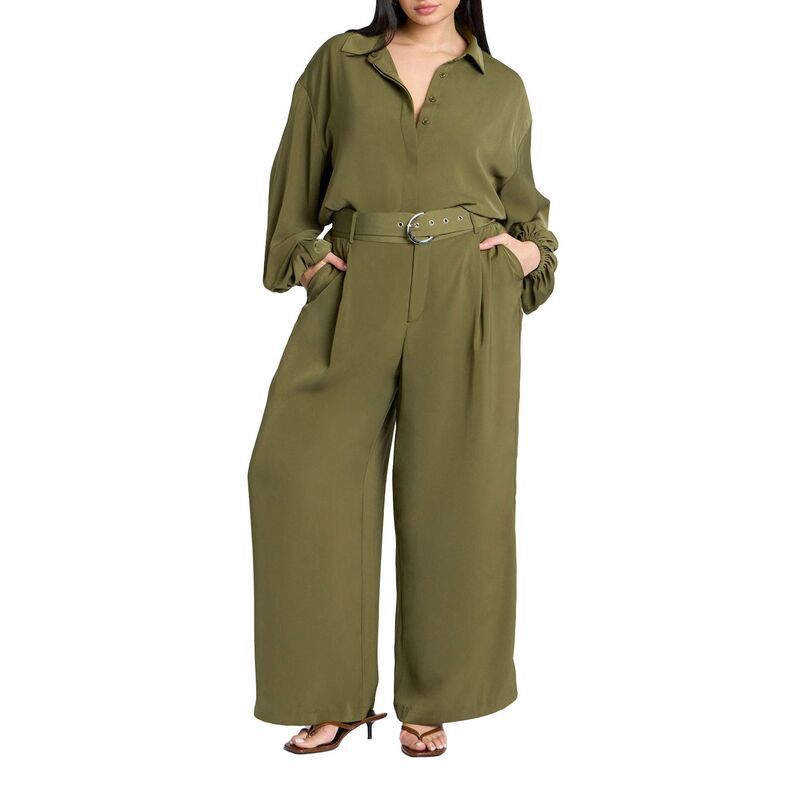 エロクイ レディース ボトムス カジュアルパンツ ワイドレッグ プラスサイズ プリント ELOQUII Womens Plusize Wide Leg Printed Pant Bronze Green グリーン