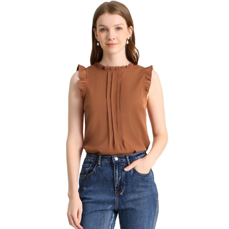 アレグラ ケー レディース トップス シャツ クルーネック プリーツ フリル ノースリーブラウス ALLEGRA K Womens Ruffled Crew Neck Sleeveless Pleated Blouse Tops Brown ブラウン