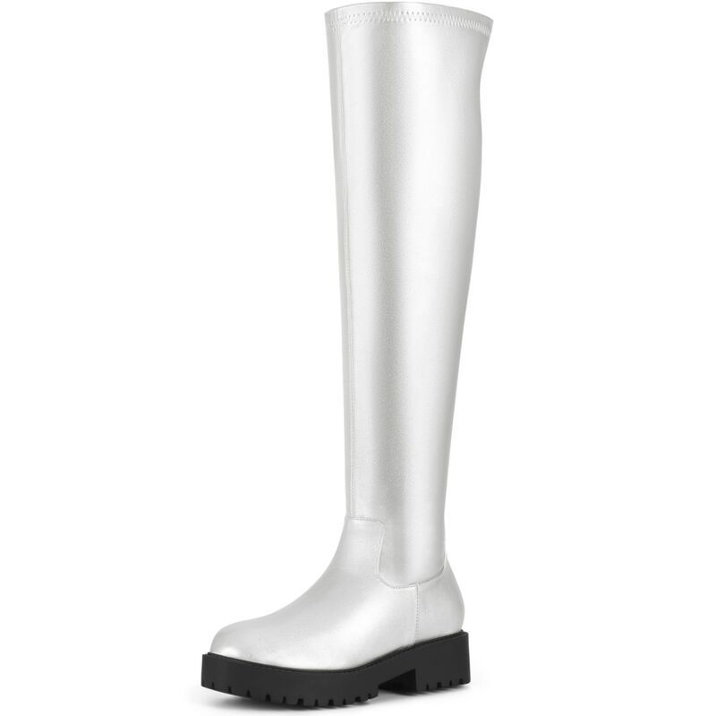 アレグラ ケー レディース シューズ ブーツ・レインブーツ プラットフォーム ヒール ALLEGRA K Womens Platform Round Toe Lug Sole Chunky Low Heel Over Knee High Bootsilver