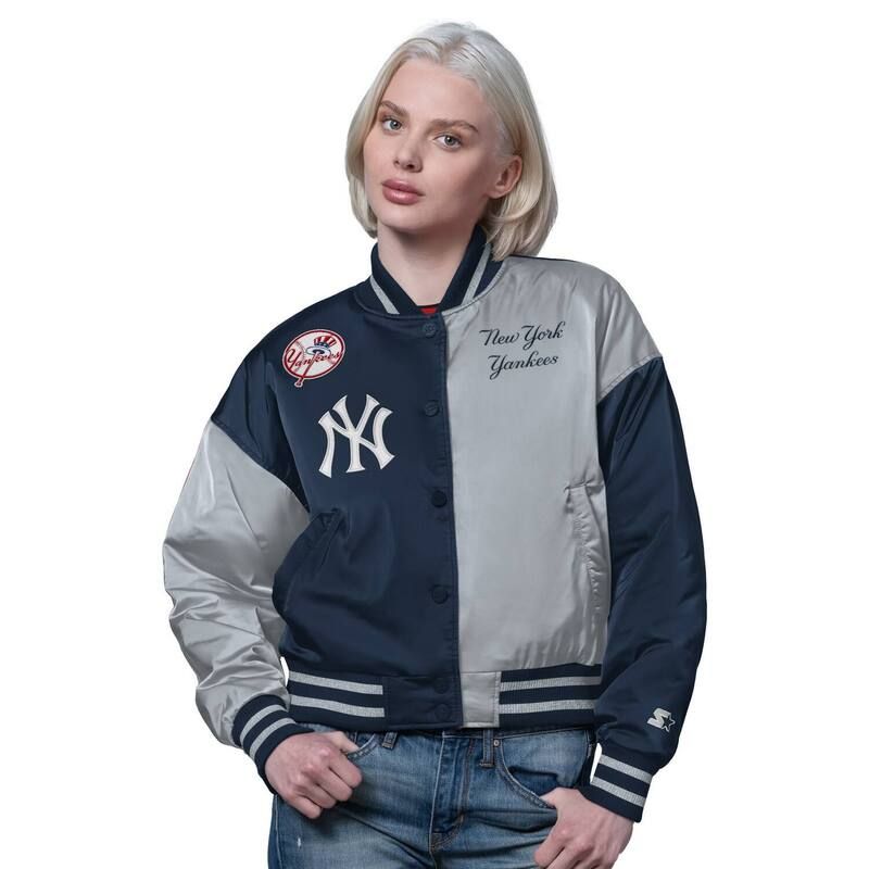 スターター レディース アウター ジャケット・ブルゾン クロップド Womenstarter NavyGray New York Yankees Offside Cropped FullSnap Varsity Jacket Ynk Navy ネイビー