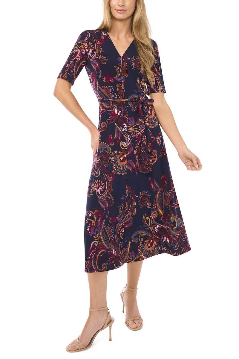 ミスク レディース トップス ワンピース Vネック ミディ Womens MSK VNeck Tie Waist Midi Dress Navy Paisley ネイビー