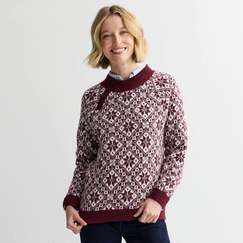 クロフト＆バロー レディース アウター ニット・セーター モックネック Womens Croft Barrow Mockneck Pullover Sweater Wine Snowflake Tile ワイン