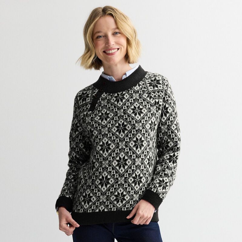 クロフト＆バロー レディース アウター ニット・セーター モックネック Womens Croft Barrow Mockneck Pullover Sweater Black Snowflake Tile ブラック