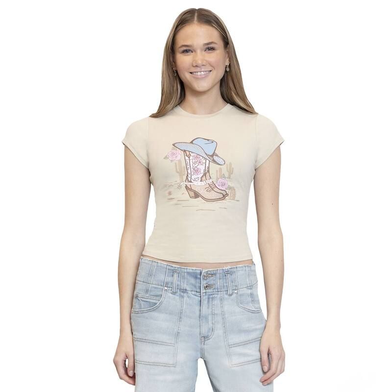 マッデンガール レディース トップス Tシャツ ブーツ グラフィック Juniors madden girl Cowboy Bootstudded Graphic Baby Tee Almond Milk