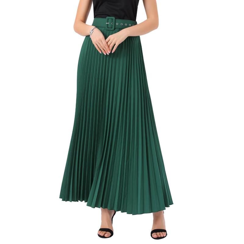 アレグラ ケー レディース ボトムスカート ハイウエスト プリーツ マキシ ALLEGRA K Womens Elastic High Waist Flowy Pleated Maxi Skirt with Belt Dark Green グリーン