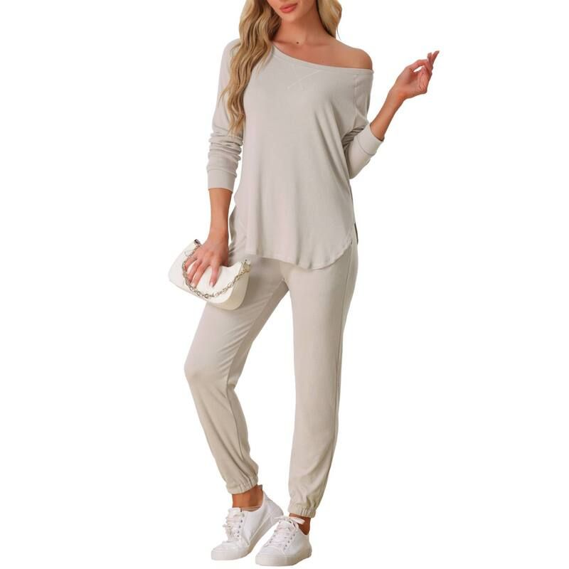 cheibear レディース アンダーウェア ナイトウェア ニット cheibear Womens Pajama Set Long Sleeve Knit Round Neck Loungwear Set Khaki カーキ