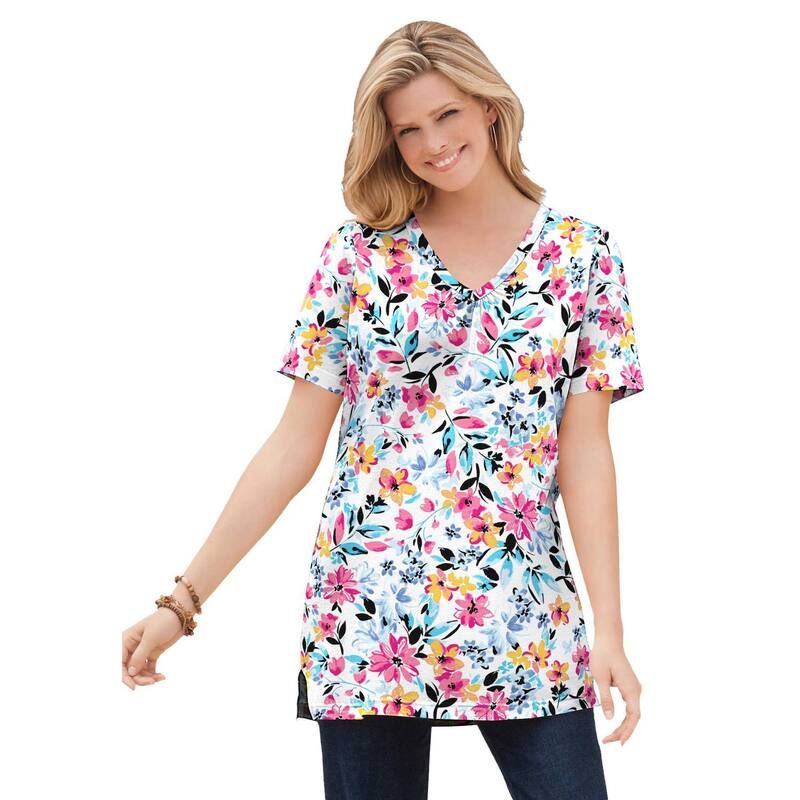 ウーマン ウィズイン レディース トップス Tシャツ Vネック プラスサイズ プリント 半袖 Woman Within Womens Plusize Perfect Printed ShortSleeve Shirred VNeck Tunic White P