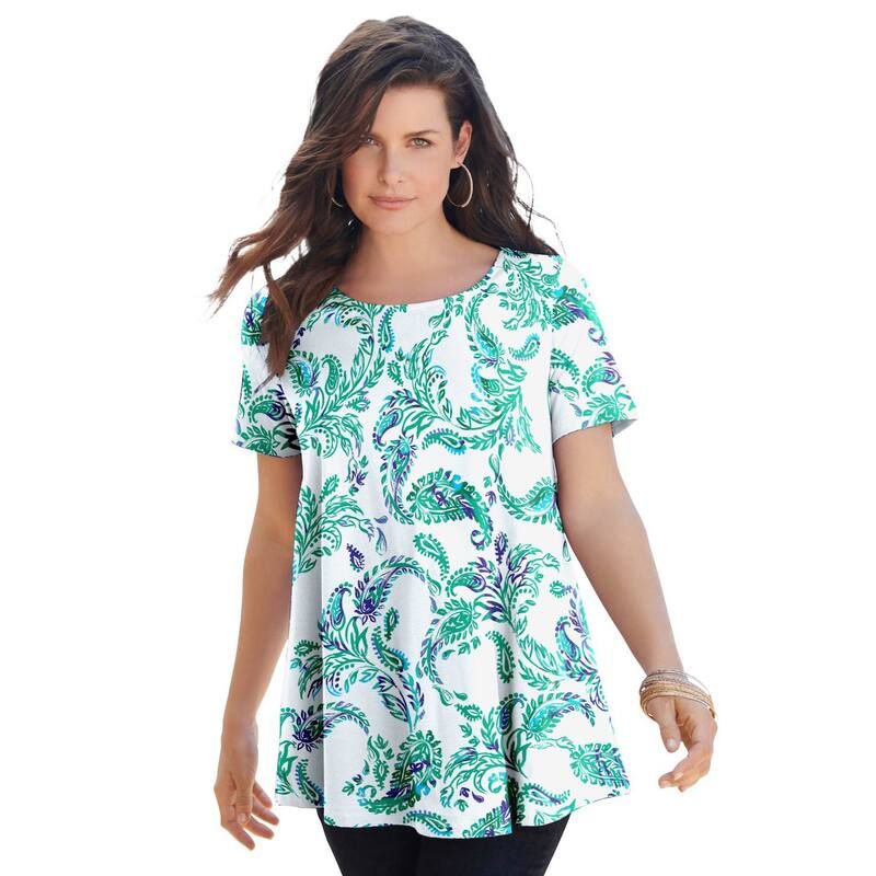 ロアマンズ レディース トップス Tシャツ プラスサイズ コットン Roamans Womens Plusize Cotton Ultimate Swing Tee With Keyhole Back Emerald Paisley Vines エメラルド