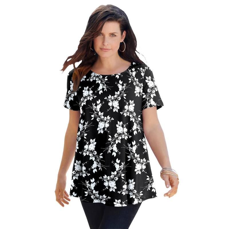 ロアマンズ レディース トップス Tシャツ プラスサイズ コットン Roamans Womens Plusize Cotton Ultimate Swing Tee With Keyhole Back Black Ivory Floral アイボリー