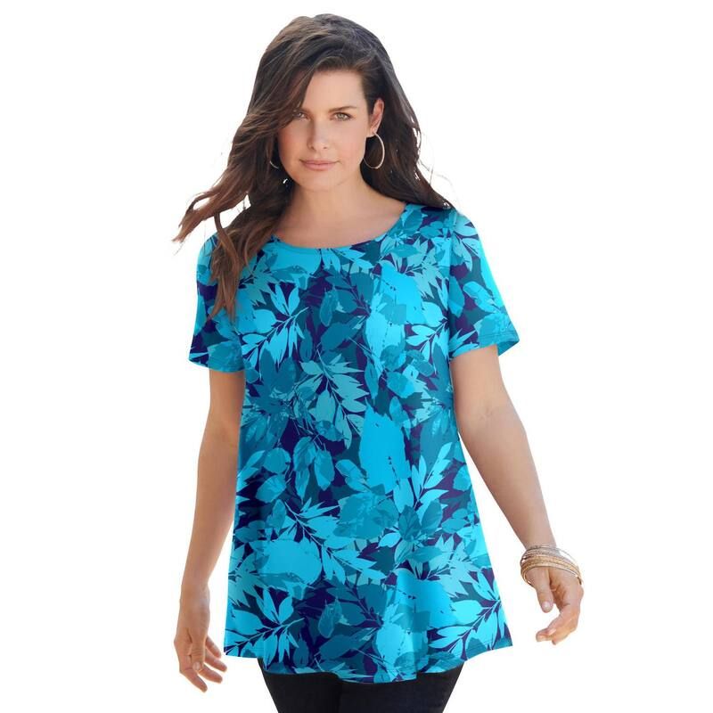 ロアマンズ レディース トップス Tシャツ プラスサイズ コットン Roamans Womens Plusize Cotton Ultimate Swing Tee With Keyhole Back Navy Layered Leaves ネイビー
