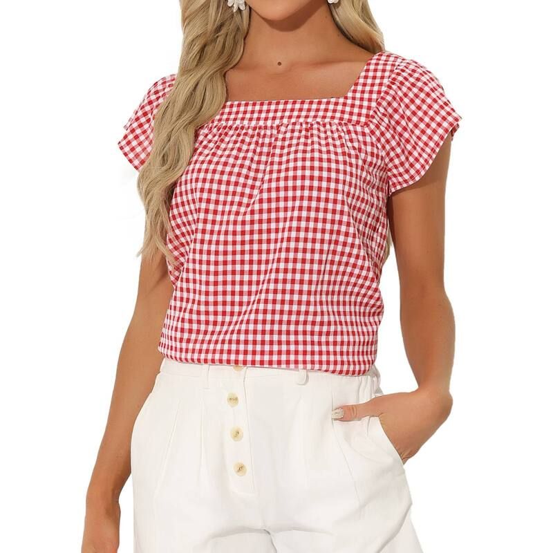 アレグラ ケー レディース トップス Tシャツ ギンガムチェック ノースリーブラウス ギンガム ALLEGRA K Summer Square Neck Gingham Tops for Women Sleeveless Blouses Red レッド