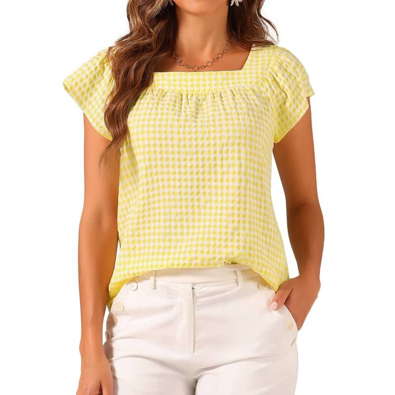アレグラ ケー レディース トップス Tシャツ ギンガムチェック ノースリーブラウス ギンガム ALLEGRA K Summer Square Neck Gingham Tops for Women Sleeveless Blouses Yellow イエロー