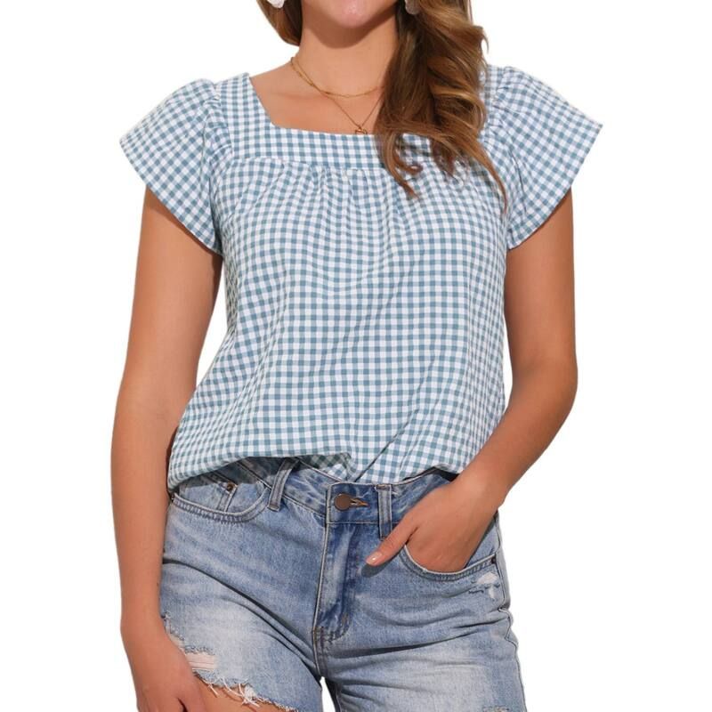 アレグラ ケー レディース トップス Tシャツ ギンガムチェック ノースリーブラウス ギンガム ALLEGRA K Summer Square Neck Gingham Tops for Women Sleeveless Blouses Lake Blue ブ