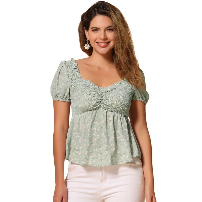 アレグラ ケー レディース トップス Tシャツ フラワー柄 フリル ブラウス フラワー ALLEGRA K Puffy Short Sleeve Floral Blouse for Womensweetheart Neck Shirred Ruffle Pep