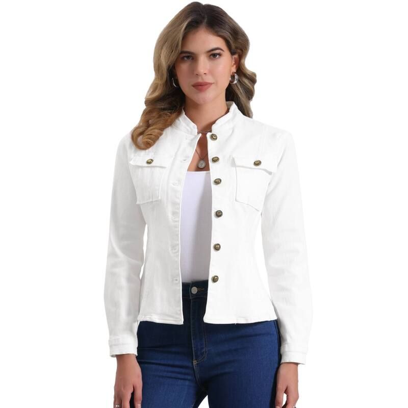 アレグラ ケー レディース アウター ジャケット・ブルゾン デニム ALLEGRA K Casual Denim Jacket for Womens Classic Stand Collar Long Sleeve Jean Jackets White ホワイ