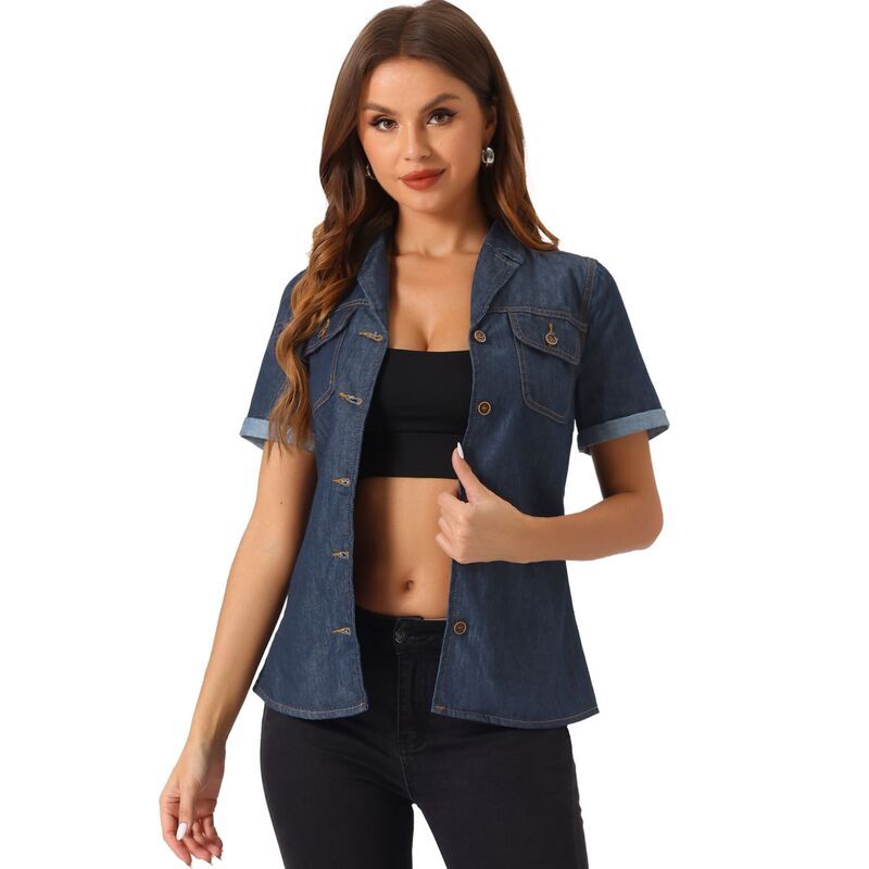 アレグラ ケー レディース トップス シャツ デニム ジャケット ALLEGRA K Womens Denim Jacket Collared Short Sleeve Chest Pocket Button Up Shirt Deep Blue ブルー