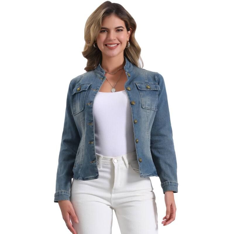 アレグラ ケー レディース アウター ジャケット・ブルゾン デニム ALLEGRA K Casual Denim Jacket for Womens Classic Stand Collar Long Sleeve Jean Jackets Vintage B