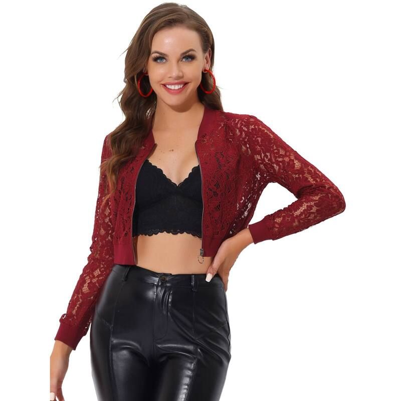 アレグラ ケー レディース アウター ジャケット・ブルゾン シアー クロップド レース ALLEGRA K Womensheer Crochet Lace Long Sleeve Zipper Cropped Bomber Jacket Wine Red レッ