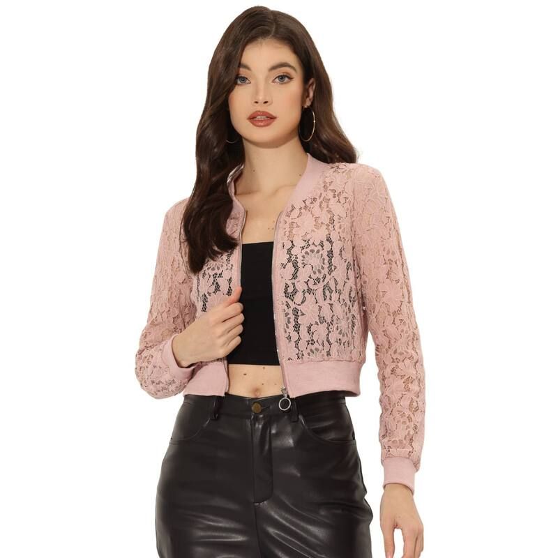 アレグラ ケー レディース アウター ジャケット・ブルゾン シアー クロップド レース ALLEGRA K Womensheer Crochet Lace Long Sleeve Zipper Cropped Bomber Jacket Pink ピンク 9,360円