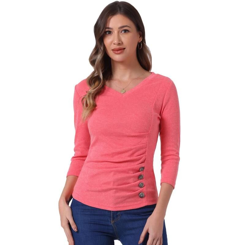 アレグラ ケー レディース トップス シャツ Vネック ギャザー ブラウス ニット ALLEGRA K Womens Decorative Button V Neck 34 Sleeve Solid Blouse Knit Ruched Top Waterme