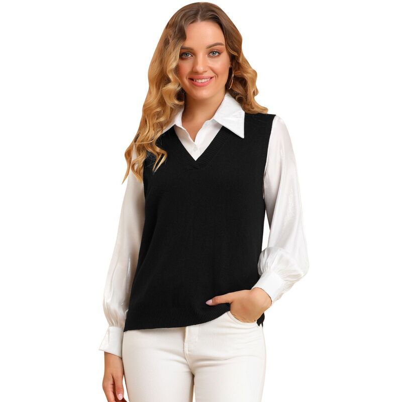 アレグラ ケー レディース アウター ニット・セーター Vネック ベスト ノースリーブ ALLEGRA K Womens Pullover Knit Sweatersolid Color V Neck Sleevelessweater Vests Black 9,706円