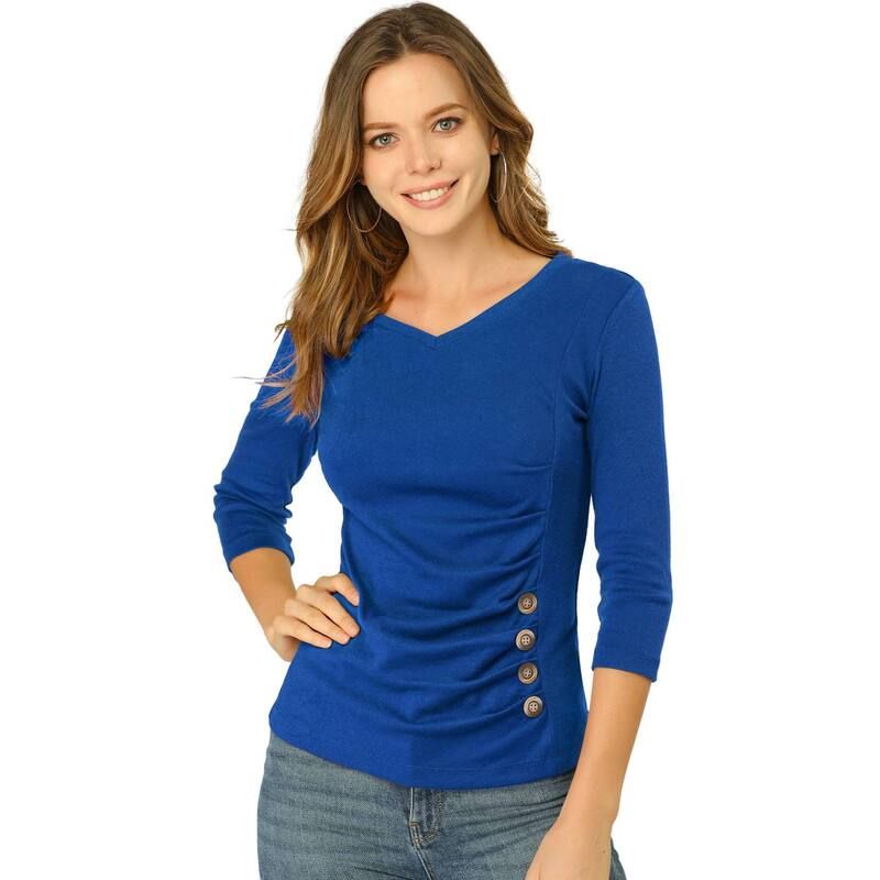 アレグラ ケー レディース トップス シャツ Vネック ギャザー ブラウス ニット ALLEGRA K Womens Decorative Button V Neck 34 Sleeve Solid Blouse Knit Ruched Top Royal B