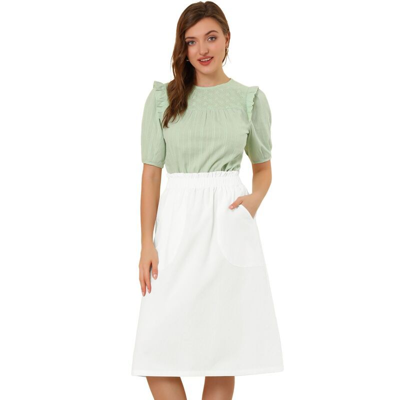 アレグラ ケー レディース ボトムスカート フリル ミディ ALLEGRA K Womensolid Color Peasant Elastic Waist Ruffle Midi Skirt White ホワイト