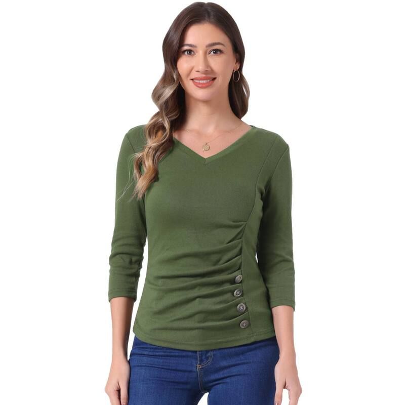 アレグラ ケー レディース トップス シャツ Vネック ギャザー ブラウス ニット ALLEGRA K Womens Decorative Button V Neck 34 Sleeve Solid Blouse Knit Ruched Top Olive G