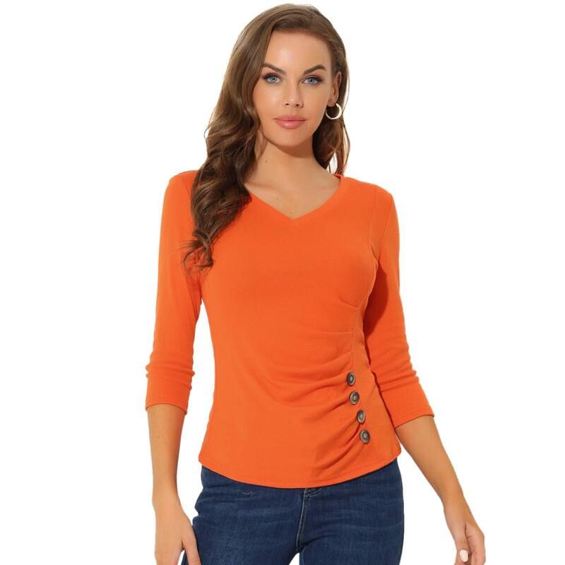 アレグラ ケー レディース トップス シャツ Vネック ギャザー ブラウス ニット ALLEGRA K Womens Decorative Button V Neck 34 Sleeve Solid Blouse Knit Ruched Top Orange
