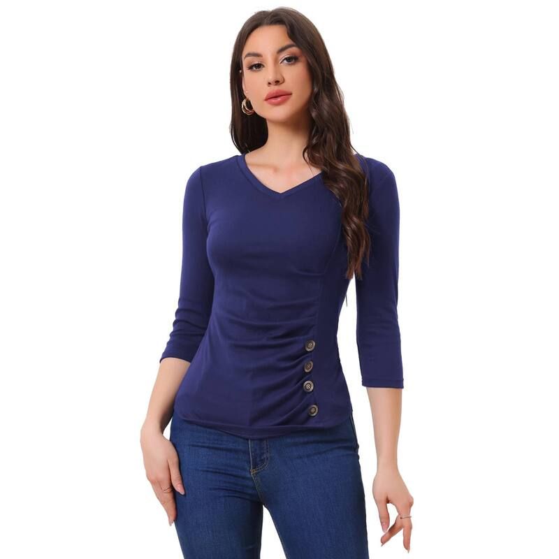アレグラ ケー レディース トップス シャツ Vネック ギャザー ブラウス ニット ALLEGRA K Womens Decorative Button V Neck 34 Sleeve Solid Blouse Knit Ruched Top Navy Bl 9,216円