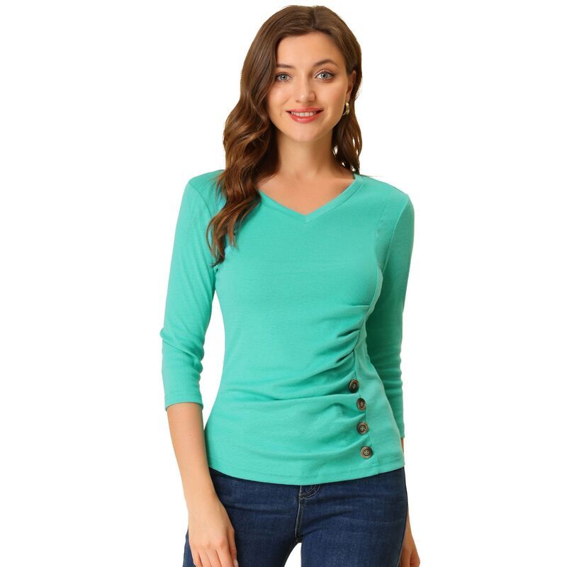 アレグラ ケー レディース トップス シャツ Vネック ギャザー ブラウス ニット ALLEGRA K Womens Decorative Button V Neck 34 Sleeve Solid Blouse Knit Ruched Top Mint Gr 9,865円